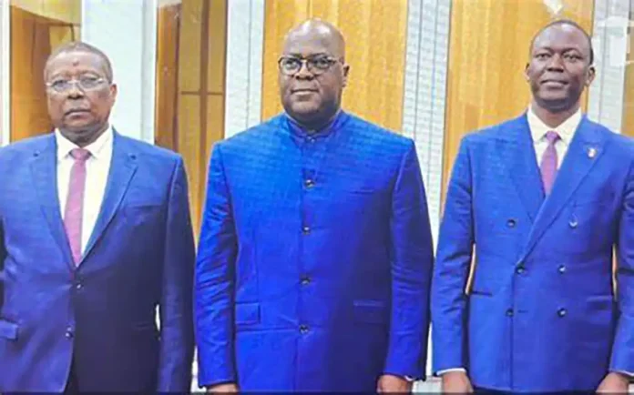 De g. à d. Abderaman Koulamallah, Félix Tshisekedi et Succès Masra
